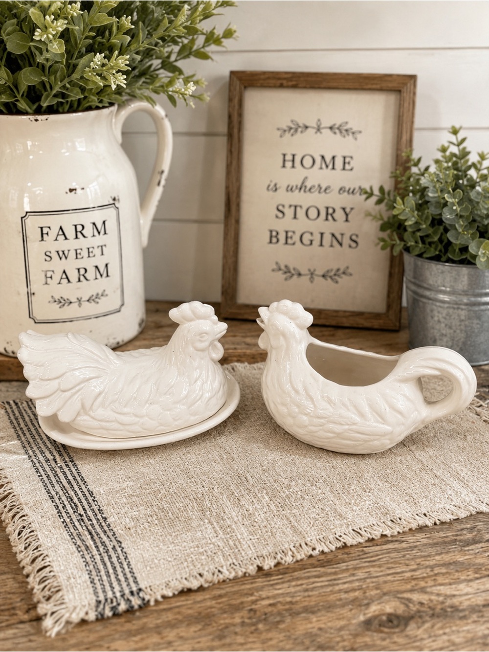Cream Ceramic Hen butter, and creamer